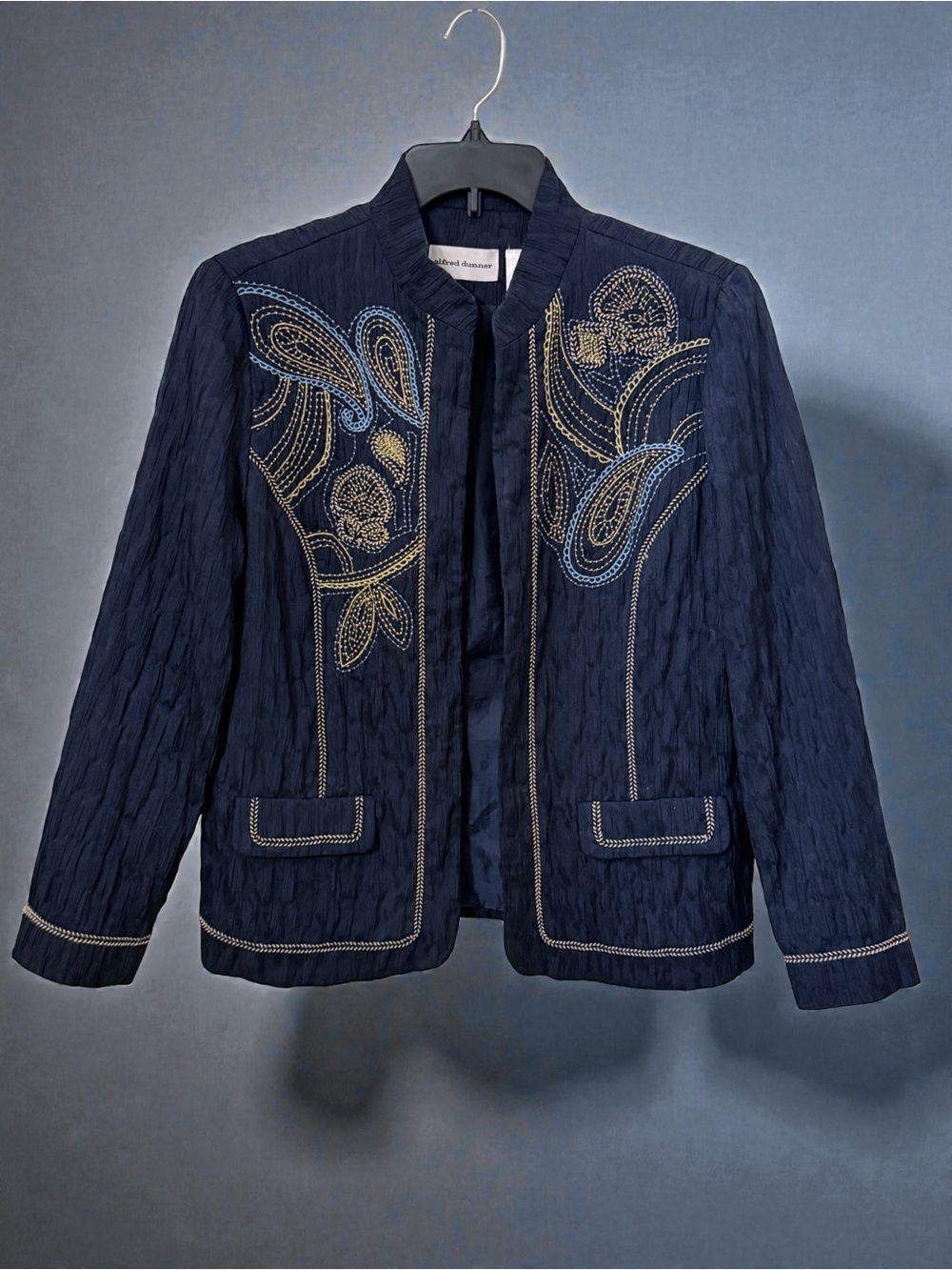 Alfred Dunner Navy Jacket with Gold & Light Blue Embroidery